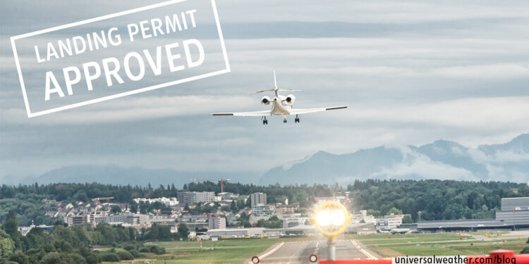 Airplane touching down on the runway while a stamped overlay reads 'Landing Permit Approved' in the sky above the airport and cityscape.