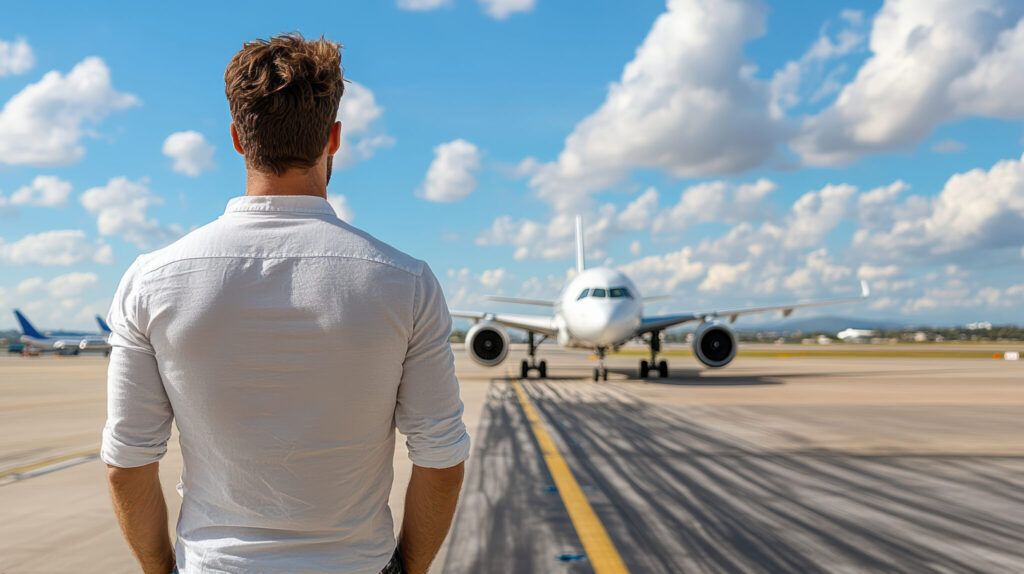 Man in a light shirt stands on a taxiway, watching a white commercial jet approach on a sunny day.