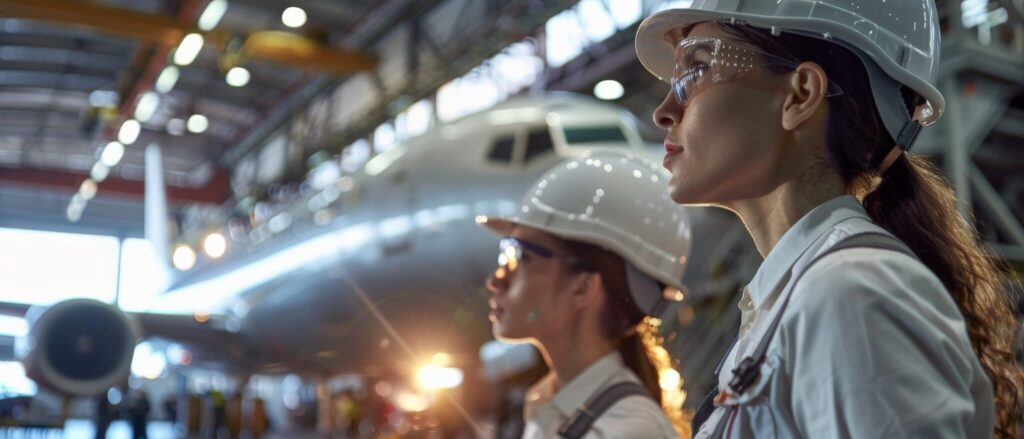 Aerospace engineers in hard hats and safety glasses inspect a jet in a factory hangar.