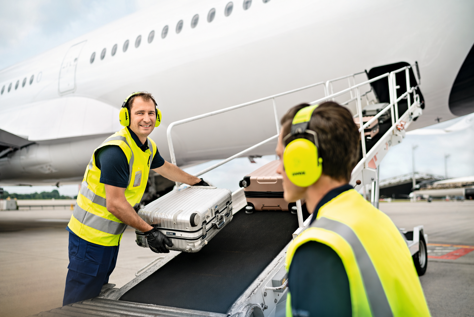 Two airport ground crew in hi-vis vests load a silver suitcase onto an aircraft's belt loader beside a large white airplane.