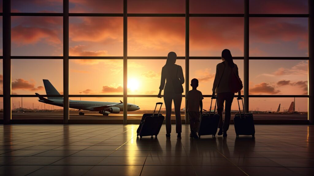 Silhouetted family of three with rolling suitcases watching a parked airplane at sunset through large terminal windows.